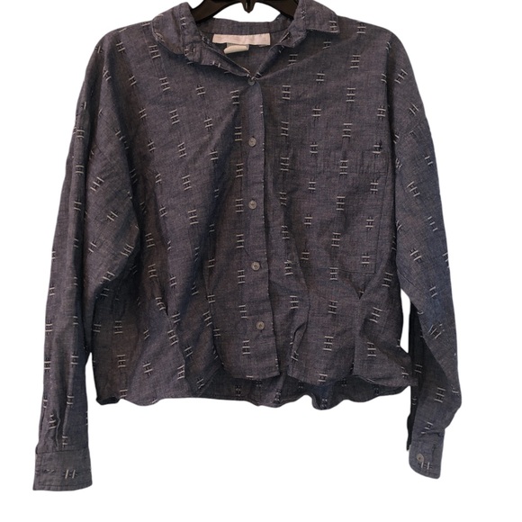 Vintage Blue White Patterned Long Sleeve Crop Top - Picture 1 of 5